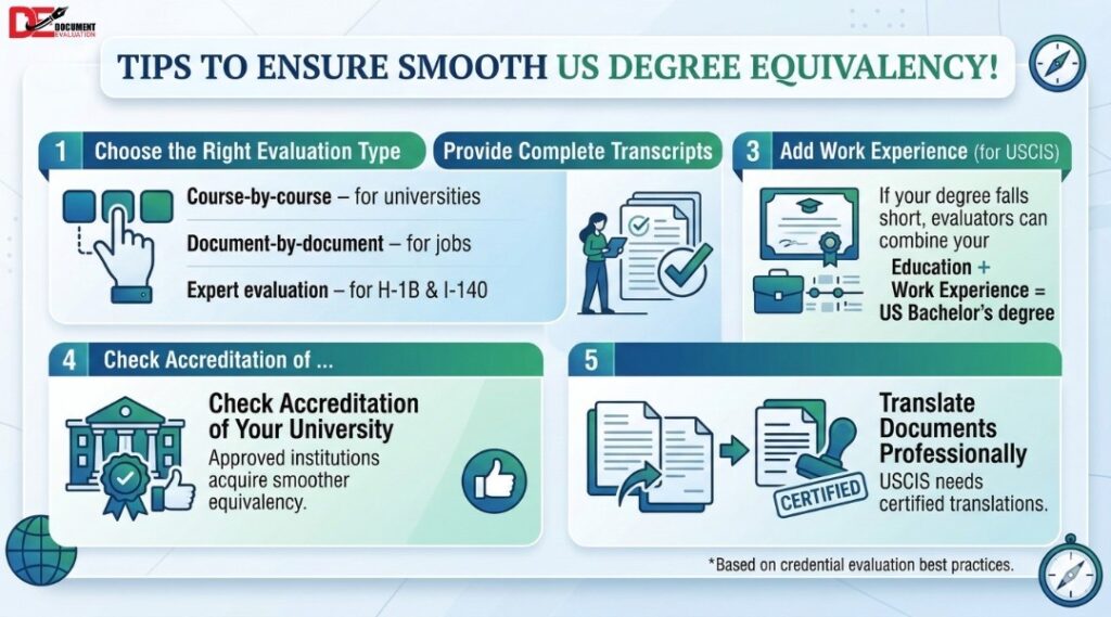 US degree equivalency tips for credential evaluation transcripts translation and USCIS requirements