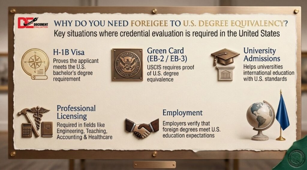 foreign degree to US degree equivalency requirements for visa education licensing and employment
