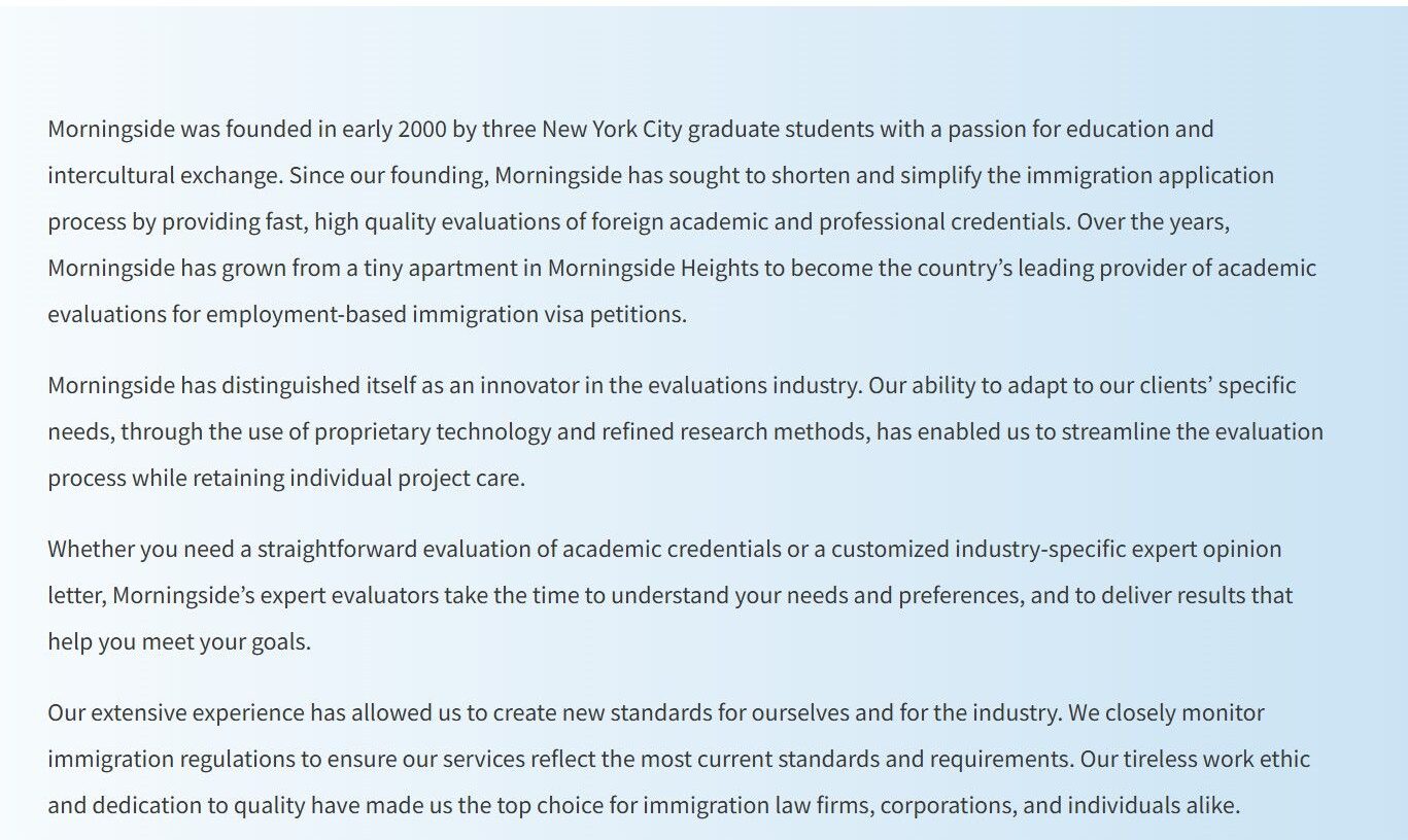 Morningside Evaluations expert opinion letter services for academic USCIS visa cases