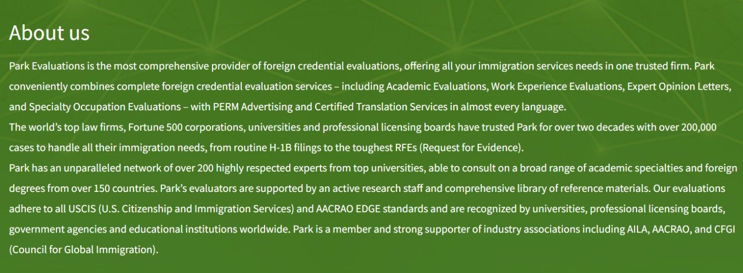 Park Evaluations expert opinion letter services for technical USCIS visa cases