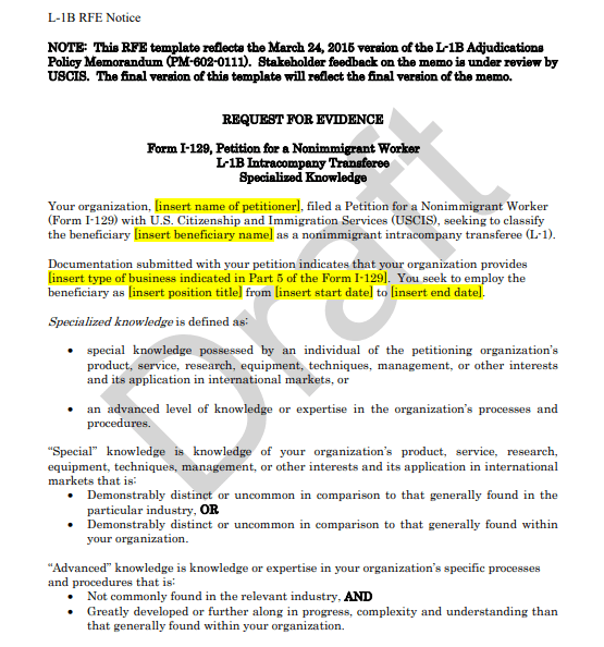 L-1B Intracompany Transferee specialized knowledge Request for Evidence USCIS document