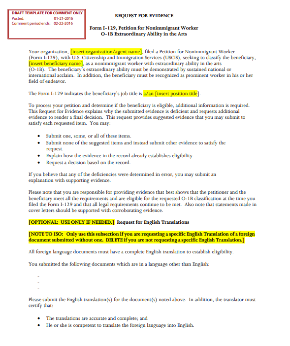 USCIS O-1B Extraordinary Ability in the Arts Request for Evidence Form I-129 document