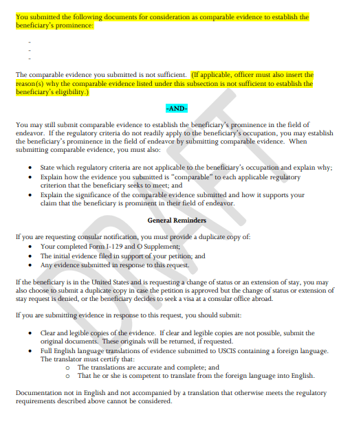 USCIS O-1B comparable evidence Request for Evidence documentation guidelines