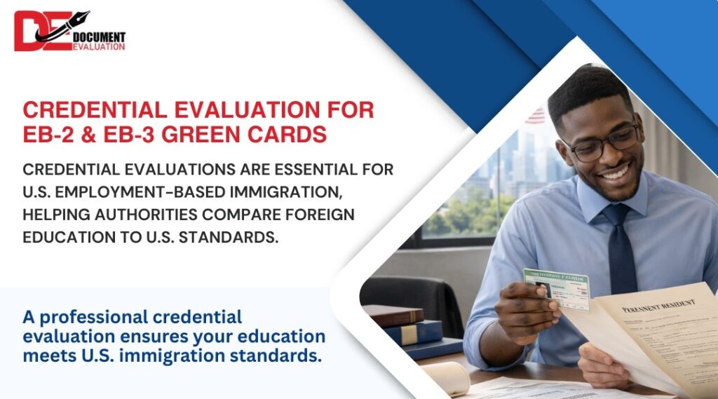Credential evaluation for EB-2 and EB-3 green card showing US degree equivalency and education requirements