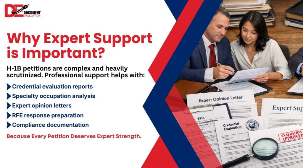 Expert support for H-1B visa application including specialty occupation proof, RFE response, and credential evaluation
