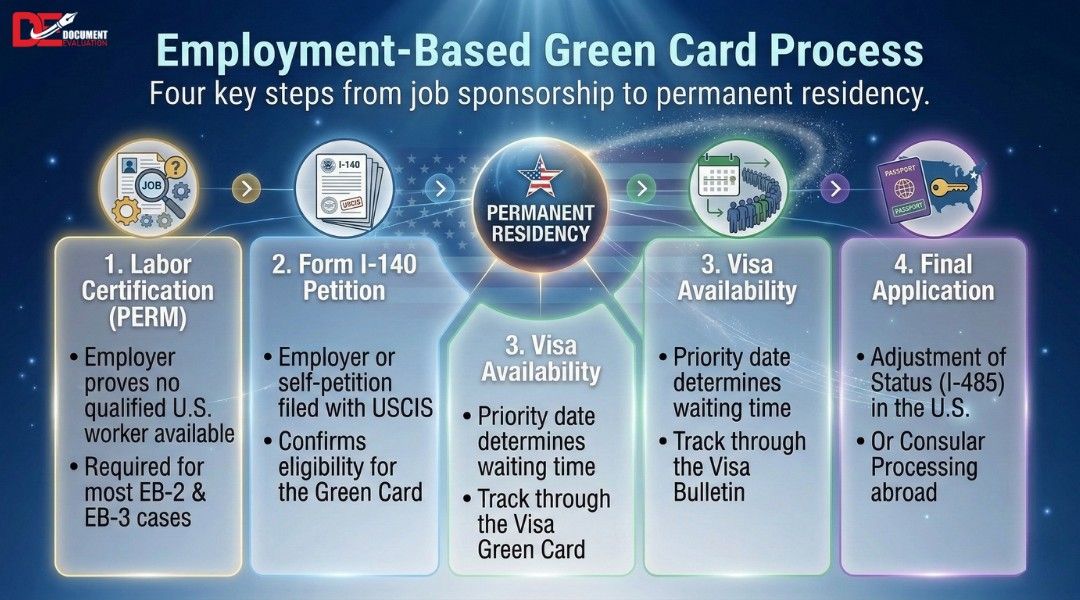 employment based green card process steps PERM I-140 visa bulletin I-485 adjustment of status