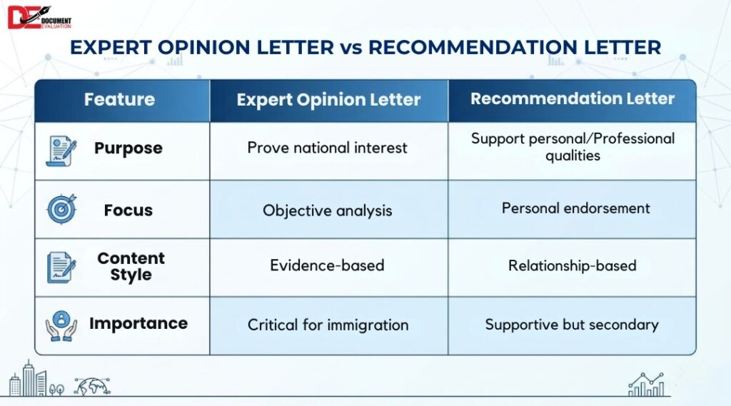 expert opinion letter vs recommendation letter comparison for US immigration cases