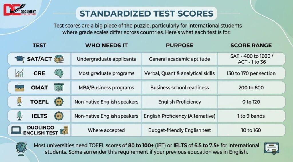 standardized test scores for US admission SAT GRE GMAT TOEFL IELTS requirements