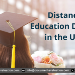 Graduate student holding a cap with text “Distance Education Degree in the USA” representing online and distance learning degree validation in the USA.