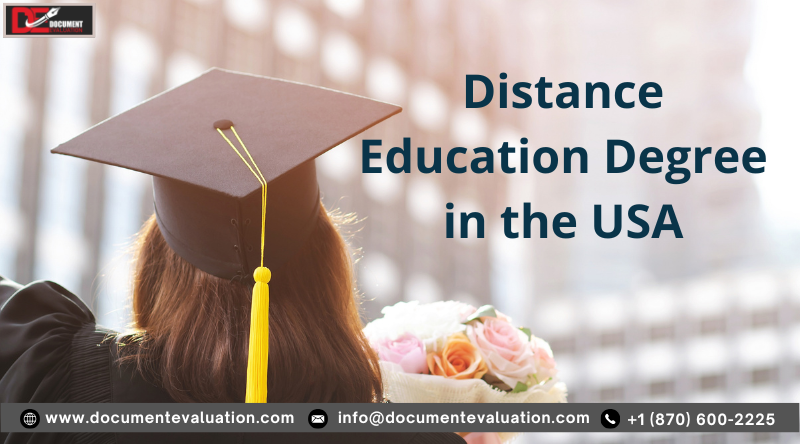 Graduate student holding a cap with text “Distance Education Degree in the USA” representing online and distance learning degree validation in the USA.