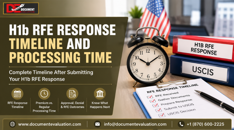 H1B RFE response timeline and USCIS processing time infographic with visa documents and approval process concept