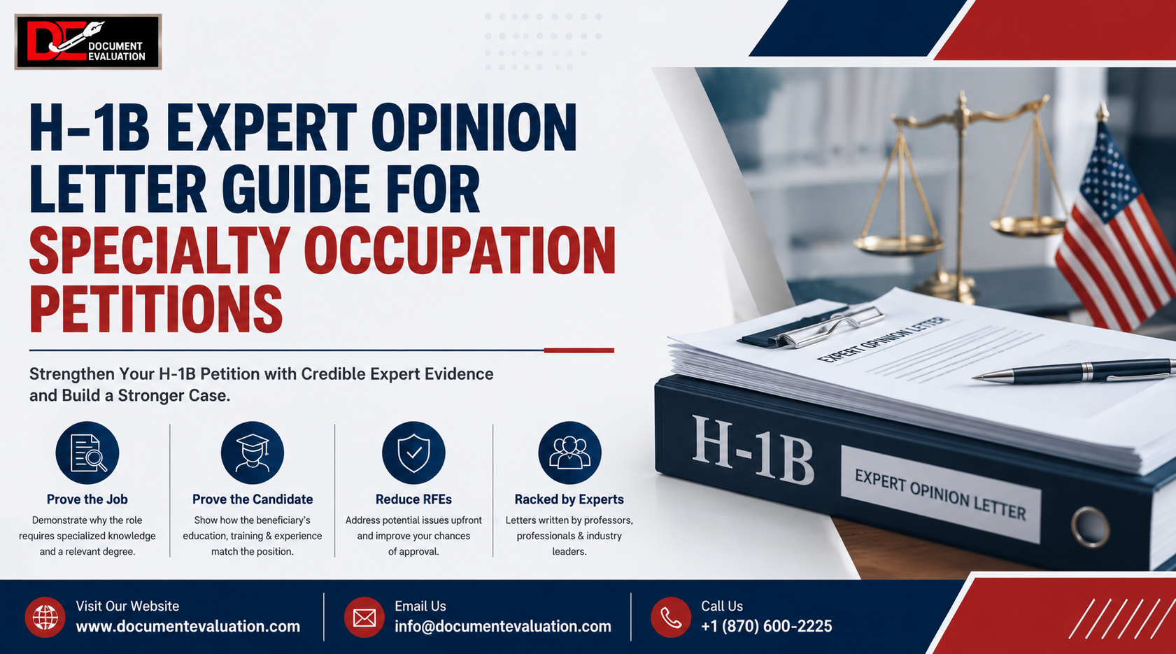 Professional H-1B expert opinion letter banner featuring an H-1B petition file, expert opinion letter documents, legal scales, and U.S. flag, highlighting specialty occupation petition support and RFE prevention.