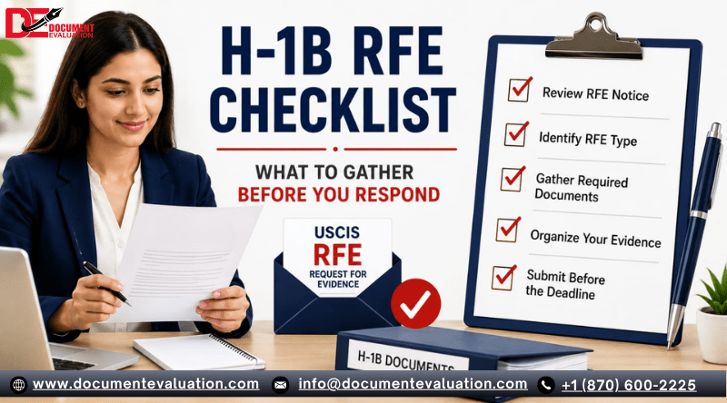 Professional reviewing an H-1B RFE notice with a checklist of required documents and evidence for a USCIS response.