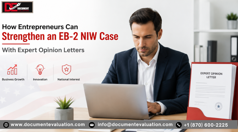 Entrepreneur working on an EB-2 NIW petition with expert opinion letters to demonstrate business growth, innovation, and national interest for USCIS approval.