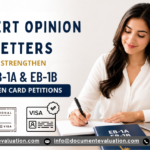 Professional banner featuring a woman reviewing documents with the title "Expert Opinion Letters Strengthen EB-1A & EB-1B Green Card Petitions" and visa-related icons.