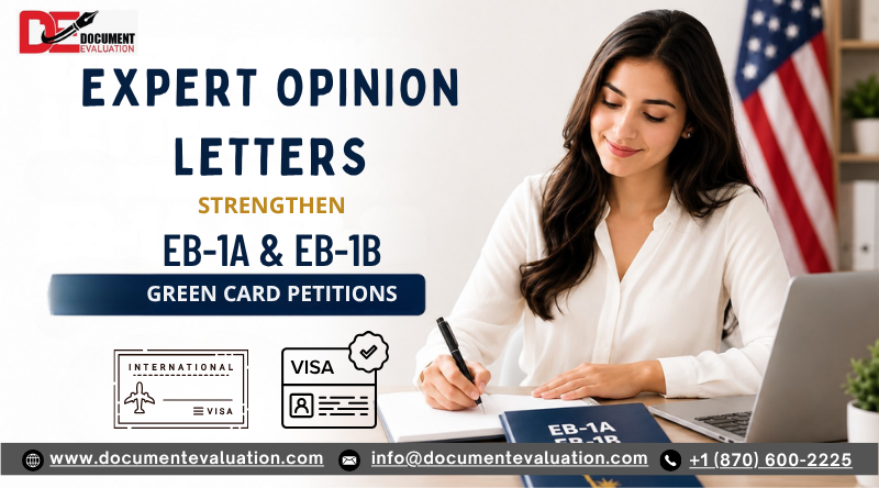 Professional banner featuring a woman reviewing documents with the title "Expert Opinion Letters Strengthen EB-1A & EB-1B Green Card Petitions" and visa-related icons.