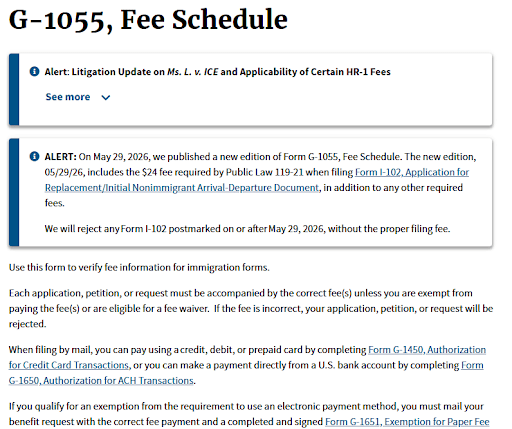 USCIS Form G-1055 Fee Schedule showing official filing fees for immigration petitions, applications, motions, appeals, and refiled USCIS cases