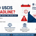 Missed USCIS RFE deadline infographic showing Request for Evidence notice, Form I-290B motion to reopen, motion to reconsider, AAO appeal, and petition refiling options after a USCIS denial