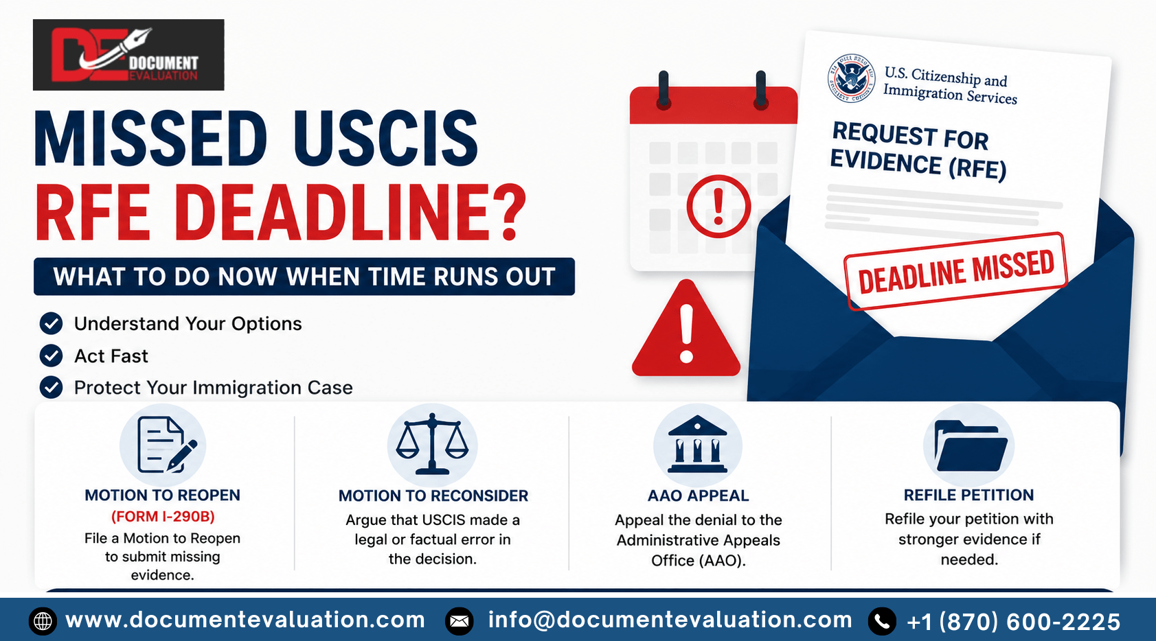 Missed USCIS RFE deadline infographic showing Request for Evidence notice, Form I-290B motion to reopen, motion to reconsider, AAO appeal, and petition refiling options after a USCIS denial