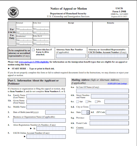 USCIS Form I-290B Notice of Appeal or Motion used to file a Motion to Reopen, Motion to Reconsider, or appeal after an RFE denial or immigration petition rejection