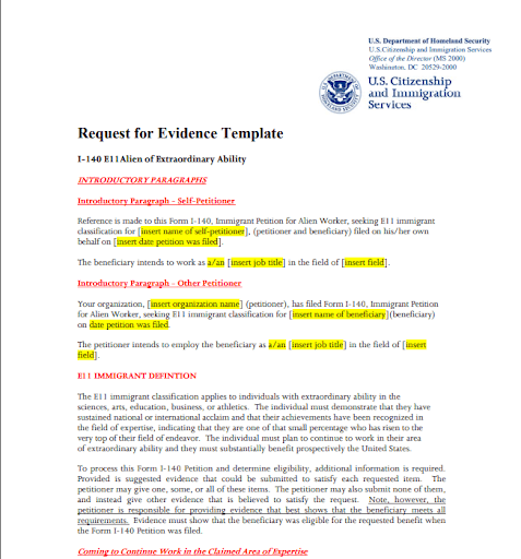 USCIS Request for Evidence template for I-140 EB1 Alien of Extraordinary Ability petition showing sample RFE response format, expert opinion letter structure, beneficiary details, and supporting evidence requirements