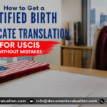 Certified birth certificate translation for USCIS showing immigration document translation guide and U.S. visa application requirements