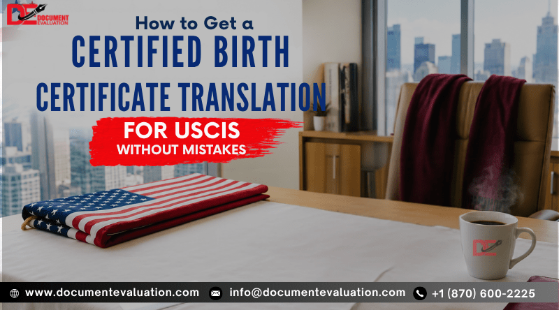 Certified birth certificate translation for USCIS showing immigration document translation guide and U.S. visa application requirements