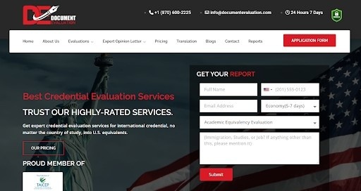 Document Evaluation homepage showcasing U.S. credential evaluation services, academic evaluation application form, and expert immigration support.