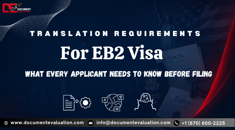 Translation requirements for EB2 visa showing USCIS documents, passport, diploma, and certified document translation for immigration filing