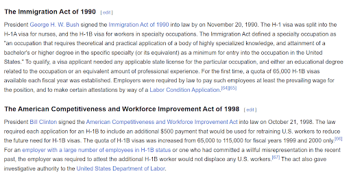 Immigration Act of 1990 and ACWIA provisions for H-1B visa specialty occupations and work experience eligibility