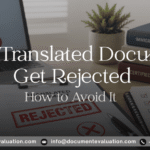 Rejected translated document with certification checklist, laptop, and USCIS reference materials illustrating common translation errors and document compliance.