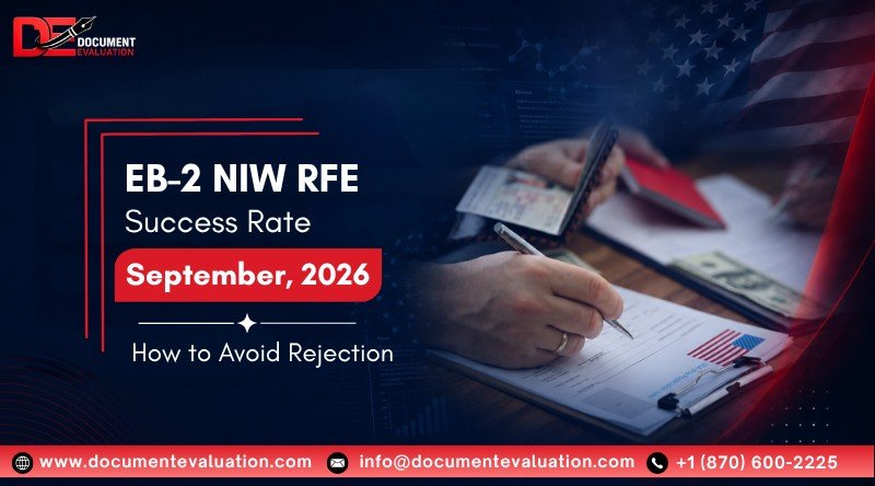 EB-2 NIW RFE Success Rate banner for September 2026 by Document Evaluation showing legal document review with US flag.