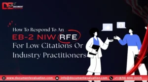 How To Respond To An EB-2 NIW RFE For Low Citations Or Industry Practitioners banner by Document Evaluation showing two illustrated professionals discussing a case alongside an American flag visual.